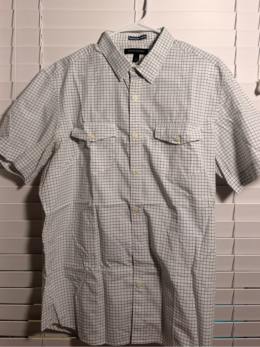 Banana Republic White Button-Down Short Sleeve Shirt with Black Grid